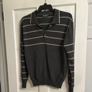 Men’s Mongolian Cashmere Gray and White V-Neck Sweater with Stripes